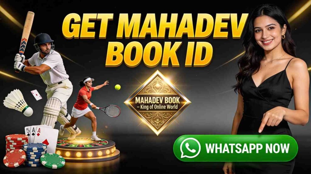 Get instant Mahadev Book ID banner with sports betting graphics, casino chips, and WhatsApp contact option